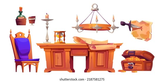 Pirate ship cabin interior set with old wooden table, chair and treasure chest. Vector cartoon illustration of captain room furniture, map, rum bottle, dagger and candles isolated on white background