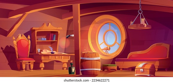 Interior de camarote de barco pirata con mesa, silla, sofá, telescopio, cofre del tesoro, barril y botella. Habitación de capitán vacía en bote con vigas de madera y ojo de buey, ilustración de caricatura vectorial