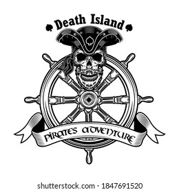 Ilustración vectorial del capitán del barco pirata. Calavera con sombrero de pirata vintage con isla de timón y muerte y texto. Concepto de aventura o caza de tesoros náuticos para emblemas o plantillas de etiquetas