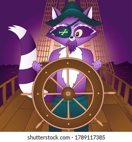 Pirate ship with captain.Vector illustration of sail boat bridge view. Travel illustration on the sunset. Boat helm banner for travel agency, print, movie, mobile app, games. Vector raccoon character 