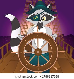 Pirate ship with captain.Vector illustration of sail boat bridge view. Travel illustration on the sunset. Boat helm banner for travel agency, print, movie, mobile app, games. Vector raccoon character 