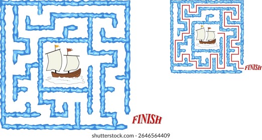 The pirate ship is captured inside the icebergs. Help it to sail away the ice prison. Maze of medium difficulty level.