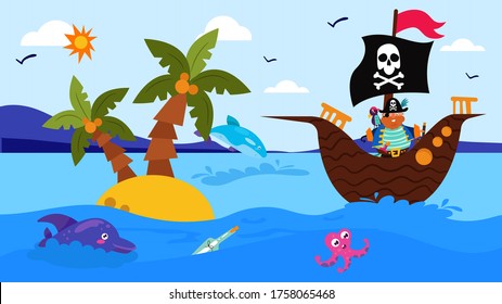 Pirate ship in cartoon sea with animal, vector illustration. Ocean marine adventure, captain look at fish character in blue water. Cute octopus and dolphin near little island with palm.