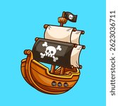 Pirate Ship Cartoon Vector Icon Illustration. Transportation Object Icon Concept Isolated Premium Vector. Flat Cartoon Style
