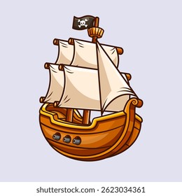 Pirate Ship Cartoon Vector Icon Illustration. Transportation Object Icon Concept Isolated Premium Vector. Flat Cartoon Style
