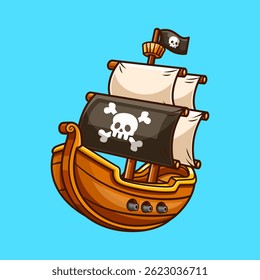 Pirate Ship Cartoon Vector Icon Illustration. Transportation Object Icon Concept Isolated Premium Vector. Flat Cartoon Style