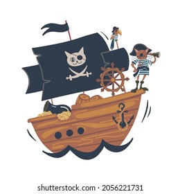 Pirate ship with cat and parrot