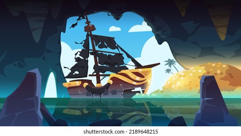 Barco pirata en cueva. Fondo de caricatura con fantásticos bandoleros marinos en gruta oscura llenos de tesoros robados. Niñez marina vectorial ilustración del pirata naval en cueva marina