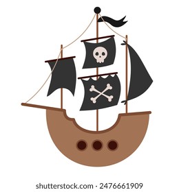 Pirate ship clipart in cartoon flat style. Hand drawn vector illustration.