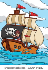 Pirate Ship Colored Cartoon Illustration