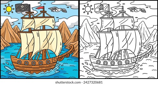 Pirate Ship Coloring Page Colored Illustration