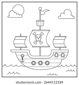 Pirate Ship Coloring Page Vector Illustration with Skull and Crossbones on Sails for Kids