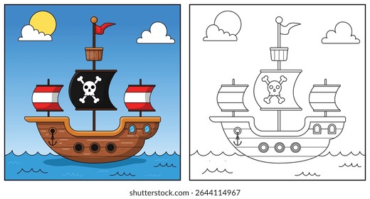 Pirate Ship Coloring Page Vector Illustration with Skull and Crossbones on Sails for Kids.