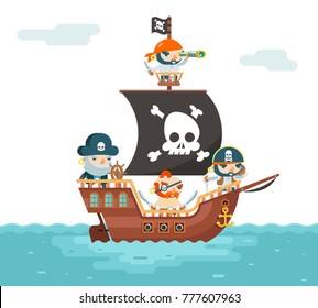 Pirate Ship Crew Buccaneer Filibuster Corsair Sea Dog Sailors Captain Fantasy RPG Game Treasure Character Flat Design Vector Illustration