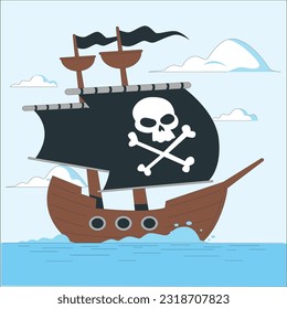 Pirate ship deck onboard night view, wooden boat with cannon, glow lantern, wood barrels, hold entrance, mast with ropes and jolly roger flag on dark seascape background, cartoon vector illustration