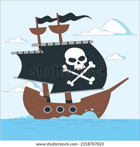 Pirate ship deck onboard night view, wooden boat with cannon, glow lantern, wood barrels, hold entrance, mast with ropes and jolly roger flag on dark seascape background, cartoon vector illustration