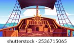 Pirate ship deck sailing in sea. Vector cartoon illustration of wooden boat with steering wheel, black sail and ropes, boxes, barrels on board, old vessel floating on water waves, clouds in blue sky