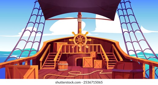 Pirate ship deck sailing in sea. Vector cartoon illustration of wooden boat with steering wheel, black sail and ropes, boxes, barrels on board, old vessel floating on water waves, clouds in blue sky