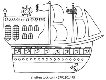 Pirate ship in doodle style. Coloring for children.