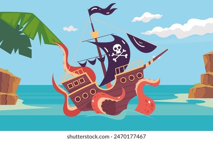 Pirate ship fight with kraken concept. Vector flat graphic design illustration