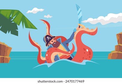 Pirate ship fight with kraken concept. Vector flat graphic design illustration