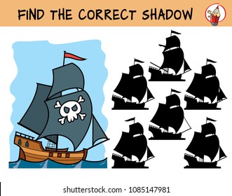 Pirate ship. Find the correct shadow. Educational matching game for children. Cartoon vector illustration