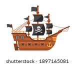 Pirate ship with a flag and black sails with a skull. Flat vector illustration