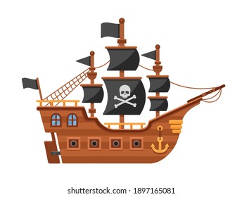 Pirate ship with a flag and black sails with a skull. Flat vector illustration