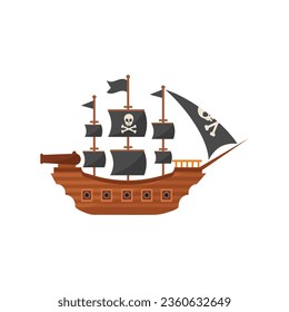 Pirate ship with a flag and black sails with a skull. Flat vector illustration
