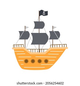 Pirate ship in flat cartoon style, vector illustration on white background.