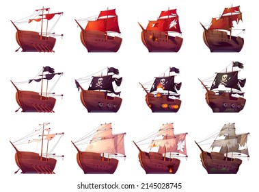 Pirate ship and galleon before and after sea battle. Fight of sailboats with cannon fire. Vector cartoon set of wooden ships with folded sails, with black flag and broken after wreck or attack