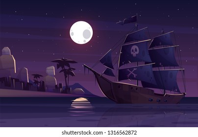 Pirate ship or galleon with human skull and crossed bones on black sails, sailing near tropical seacoast at night cartoon vector illustration. Treasures hiding and hunting, copyright law break concept