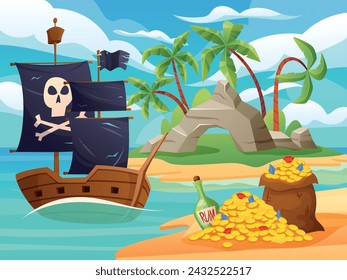 Pirate ship. Game background, island treasure. Beach, sea kids adventure, chest with golden coins, ocean Caribbean sky summer, boat with black flag. Vector background garish cartoon style illustration