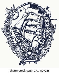 Pirate ship goes by storm. Sail boat and sea hurricane. Symbol of light and darkness, life and death, hope and despair, joy and grief. Compass and boat. Old school tattoo style. T-shirt design 