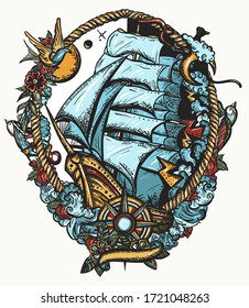 Pirate Ship Goes By Storm. Old School Tattoo. Sail Boat And Sea Hurricane. Symbol Of Light And Darkness, Life And Death, Hope And Despair, Joy And Grief. T-shirt Design 