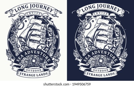 Pirate ship goes by storm. Sail boat and sea hurricane. Symbol of light and darkness, life and death, hope and despair, joy and grief. Compass and boat.Template for clothes, poster, t-shirt design 