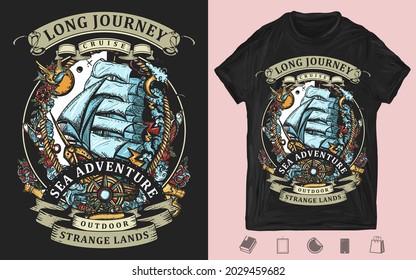 Pirate ship goes by storm. Sail boat and sea hurricane. Symbol of light and darkness, life and death, hope and despair, joy and grief. Compass and boat. T-shirt design. Creative print for clothes  