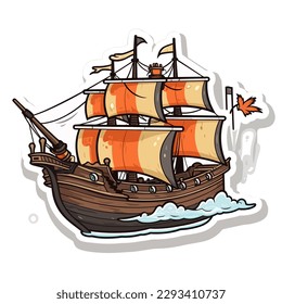 A pirate ship is going out to sea. The adventure of the corsairs. An old medieval sailing ship. Cartoon vector illustration. label, sticker, t-shirt printing