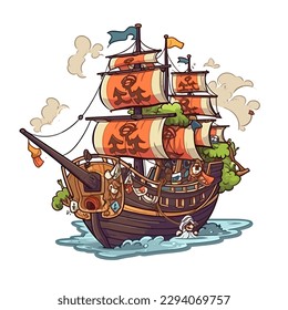 A pirate ship is going out to sea. The adventure of the corsairs. An old medieval sailing ship. Cartoon vector illustration. label, sticker, t-shirt printing