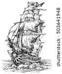 Pirate ship - hand drawn vector illustration, isolated on white