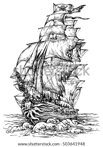 Pirate ship - hand drawn vector illustration, isolated on white