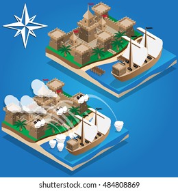 Pirate ship in the harbor. Isometric. Vector illustration.