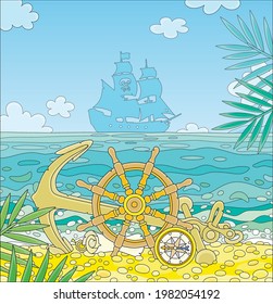 Pirate ship helm, an anchor, a compass and an old map of hidden treasures of filibusters on a sandy beach of a desert island in a tropical sea, vector cartoon illustration