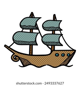 Pirate ship icon es hand drawn halftone color vector illustration