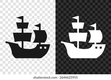 Pirate ship icon silhouette. Vector logo of a ship with sail. Illustration side view isolated on transparent background.