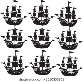 Pirate Ship Icons, nautical theme, sailing vessel, sea adventure, editable black silhouette icon set