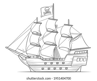 Pirate ship illustration  - simple line art contour of battle ship