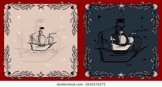 pirate ship ink illustration art retro vintage