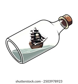 Pirate ship inside a bottle illustration. Vector illustration