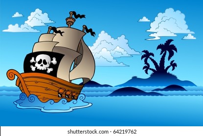 Pirate ship with island silhouette - vector illustration.